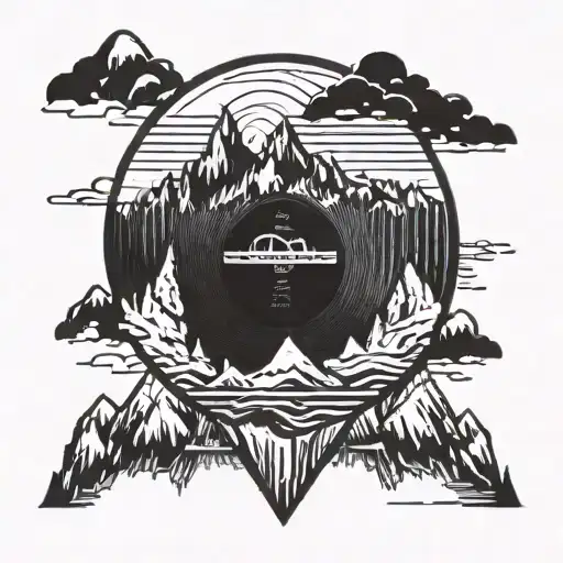A vinyl record with a mountain inside on top and an upside-down city on the bottom. tattoo design idea