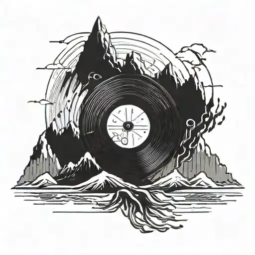 A vinyl record with a mountain on top and an upside-down city on the bottom. tattoo design idea