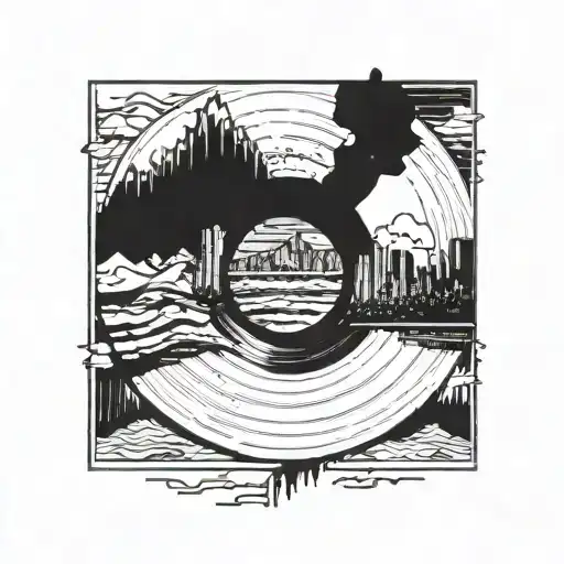 A vinyl record with a mountain inside on top and an upside-down city on the bottom. tattoo design idea