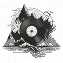 A vinyl record with a mountain on top and an upside-down city on the bottom. tattoo design idea