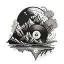 A vinyl record with a mountain on top and an upside-down city on the bottom. tattoo design idea
