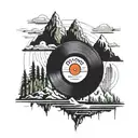 A vinyl record with a mountain on top and an upside-down city on the bottom. tattoo design idea