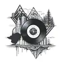 A vinyl record with a mountain on top and an upside-down city on the bottom. tattoo design idea