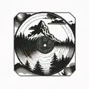 Vinyl record with a mountain in it and an upside down city in it tattoo design idea