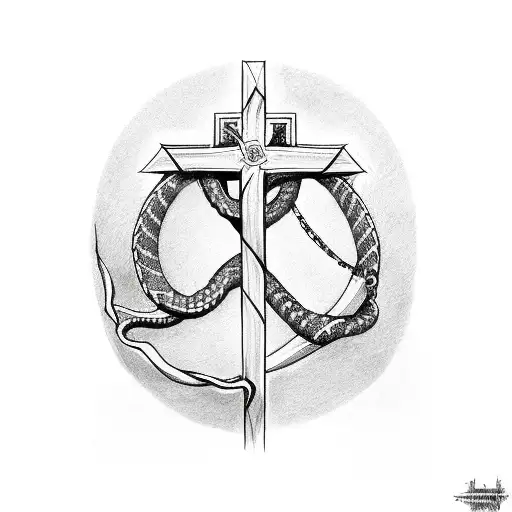 a cross lightly shaded in with a barbed wire and a serpent around the ankle tattoo design idea