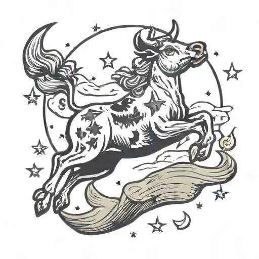 moon tarot card cow jumping over moon with stars and mountains  tattoo design idea
