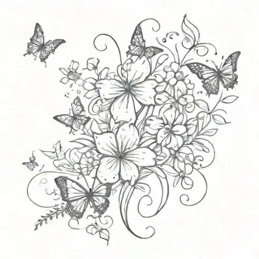 flowers field with Ruby spelled out in calligraphy and butterflies around the name tattoo design idea