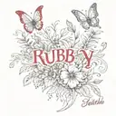 flowers field with "Ruby" spelled out in calligraphy and butterflies around the name tattoo design idea
