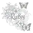 flowers field with "Ruby" spelled out in calligraphy and butterflies around the name tattoo design idea