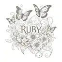flowers field with "Ruby" spelled out in calligraphy and butterflies around the name tattoo design idea