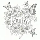 flowers field with "Ruby" spelled out in calligraphy and butterflies around the name tattoo design idea