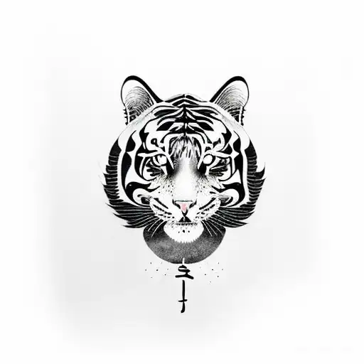 a cat with tiger skin and a full black cat in japanese style but minimalist  tattoo design idea