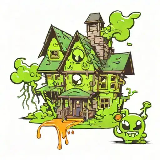 A creepy haunted house with toxic slime oozing from the windows and candy razor blades scattered on the ground tattoo design idea