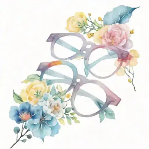 minimalist eyeglasses with colourful flowers ontop  tattoo design idea