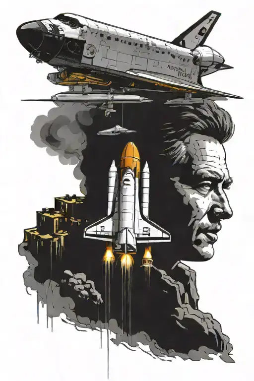 Draw a man who was kidnapped by a space shuttle. Let's have a few buildings around. In the vector model. tattoo design idea