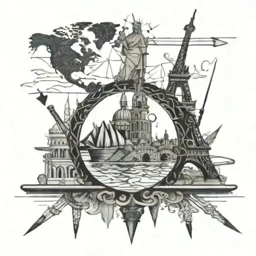 A detailed blackwork tattoo of famous landmarks from around the world intertwined with paintbrushes and art supplies, symbolizing your love for art and travel tattoo design idea