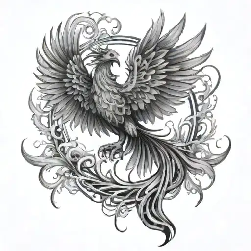 A powerful phoenix rising from the ashes, with the Aquarius symbol on its chest, representing your journey from abuse to empowerment tattoo design idea