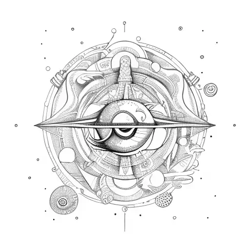 snail, ship sails, migraine head exploding from the right eye, binary system of 01 tattoo design idea