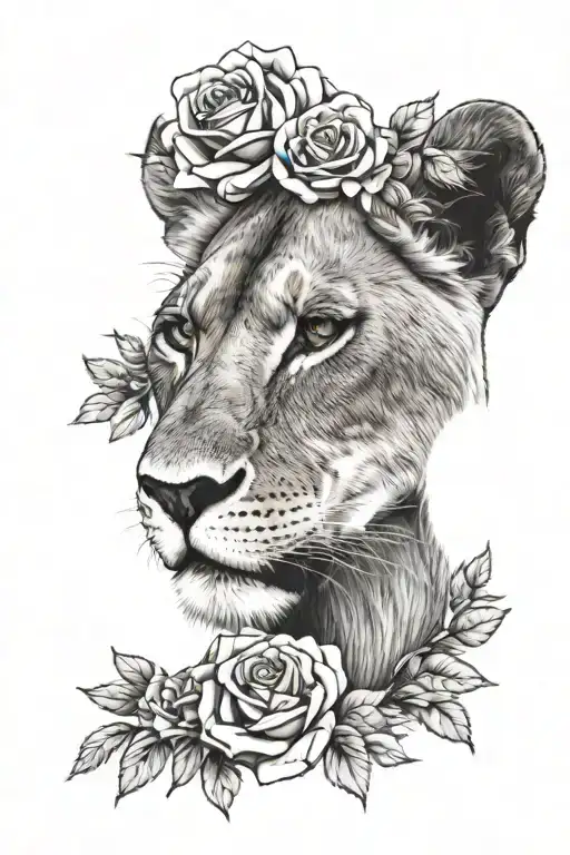 Realistic Lioness head with flowers covering top of head and one ear. Include roses. Heart necklace at the bottom of lio tattoo design idea