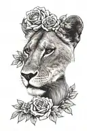Realistic Lioness head with flowers covering top of head and one ear. Include roses. Heart necklace at the bottom of lio tattoo design idea
