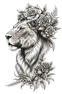 Realistic Lioness head with flowers covering top of head and one ear. Include roses. Heart necklace at the bottom of lio tattoo design idea