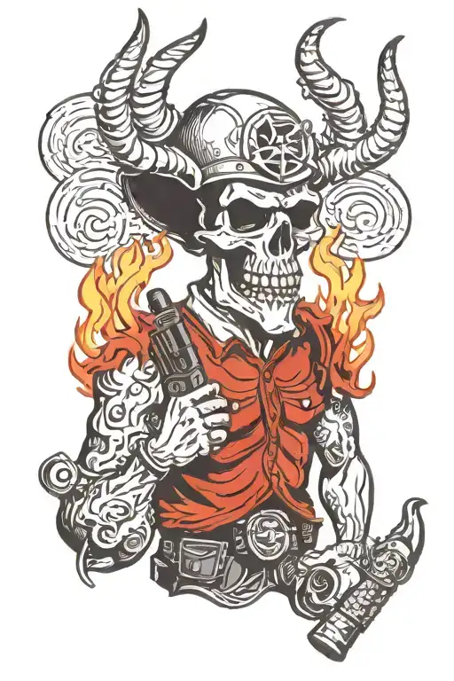 A devil with horns, a helmet and a bulletproof vest with a machine gun, smokes a cigar and blows flames from his mouth in the shape of a skull behind his back tattoo design idea