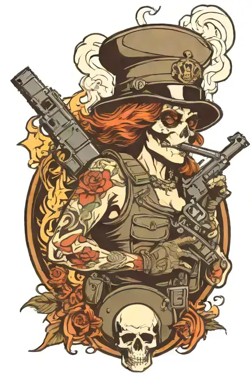 A she-devil in a military bulletproof vest and helmet, with a machine gun, smokes a cigar from the smoke of which a skull is formed, background flames tattoo design idea