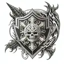 shield with Maltese cross surrounded by super saiyan flames tattoo design idea