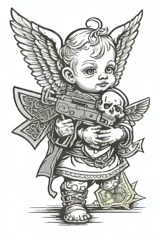 baby angel holding money bag with ak 47 tattoo design idea