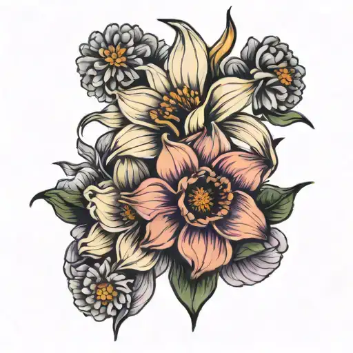 fine Line daffodil chrysanthemum violet tattoo design idea