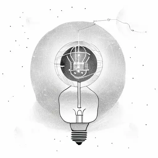 A sketch-style depiction of an engineer holding a glowing light bulb in space tattoo design idea