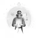 A sketch-style depiction of an engineer holding a glowing light bulb in space tattoo design idea