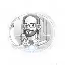 A sketch-style depiction of an engineer holding a glowing light bulb in space tattoo design idea