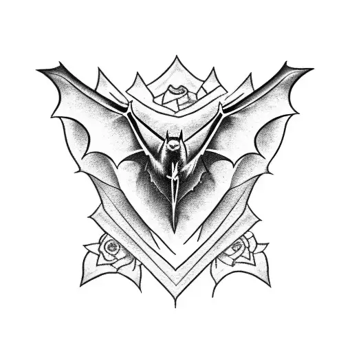 bat between broken hearts and frozen roses tattoo design idea