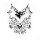 bat between broken hearts and frozen roses M M M tattoo design idea