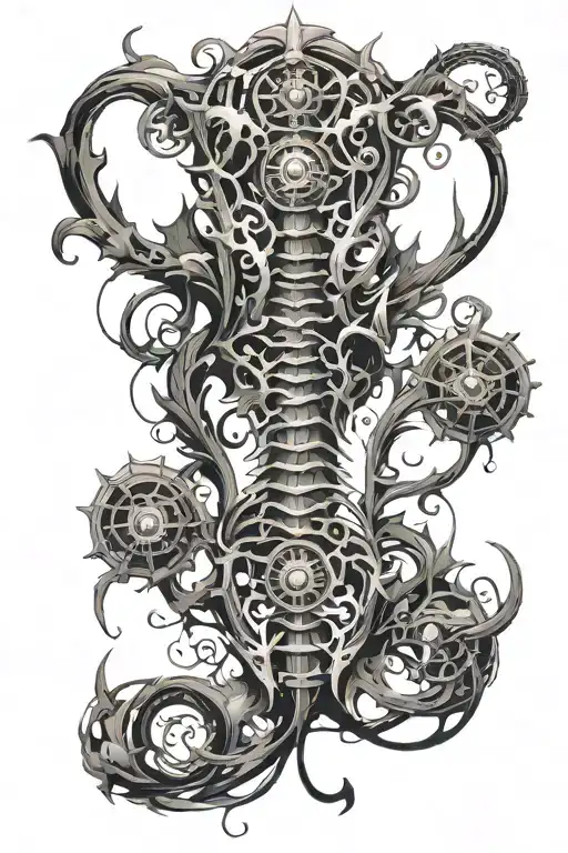 Create a back tattoo design that features vertebrae in an artistic form trailing down the spine. I also would like dark  tattoo design idea