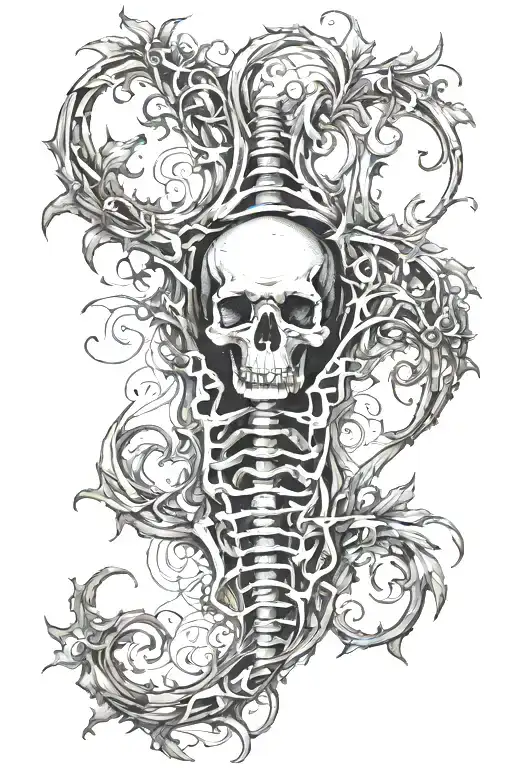 Create a back tattoo design that features vertebrae in an artistic form trailing down the spine. I also would like dark  tattoo design idea