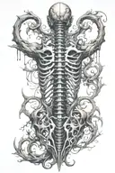 Create a back tattoo design that features vertebrae in an artistic form trailing down the spine. I also would like dark  tattoo design idea