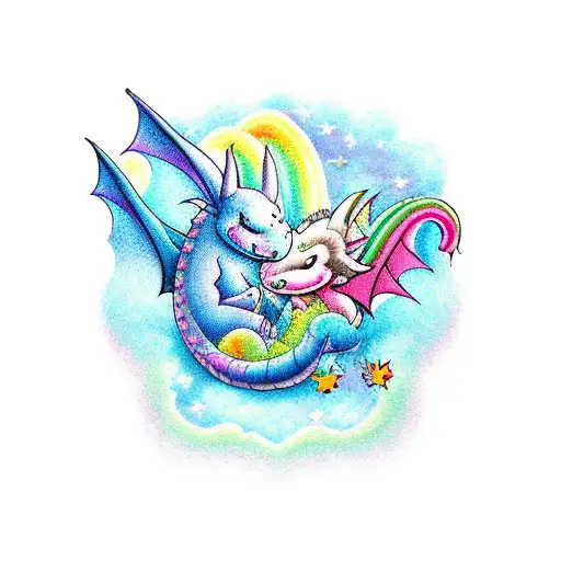 A whimsical cartoon bat and dragon sharing a magical rainbow tattoo design idea