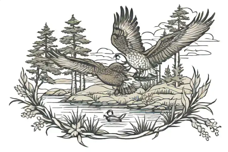 Pamlico sound, ducks flying, cattail weed, pine trees, bear, deer  tattoo design idea