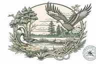 Pamlico sound, ducks flying, cattail weed, pine trees, bear, deer  tattoo design idea