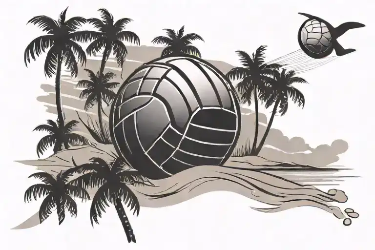A minimalist black-grey tattoo of a volleyball flying over a sandy beach with palm trees tattoo design idea