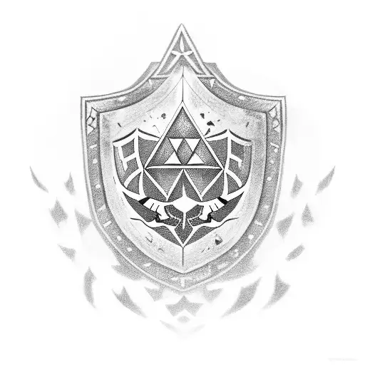 A Hylian Shield with a daughter and her father embracing in front of it. The daughter is wearing a Triforce pendant, and tattoo design idea