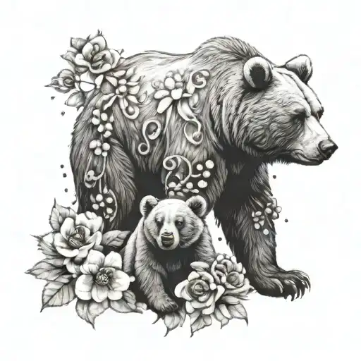adult bear and baby bear realistic with skulls and flowers  tattoo design idea