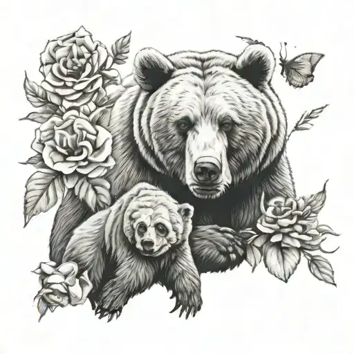 adult bear and baby bear realistic with skulls and flowers  tattoo design idea