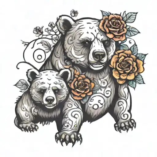 adult bear and baby bear realistic with skulls and flowers  tattoo design idea