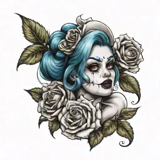 scary pinup girl, monsters inc, scary clowns, roses, dahlias and daisies tattoo design idea