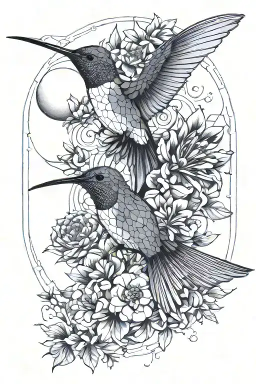 humming bird with moon and flowers tattoo design idea