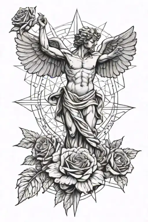 roses, greek statue, icarus, remember to die, ego is the enemy, scale, tattoo design idea