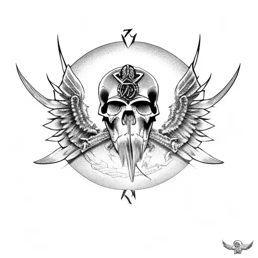 raven skull head with open wings and vikings symbols  tattoo design idea